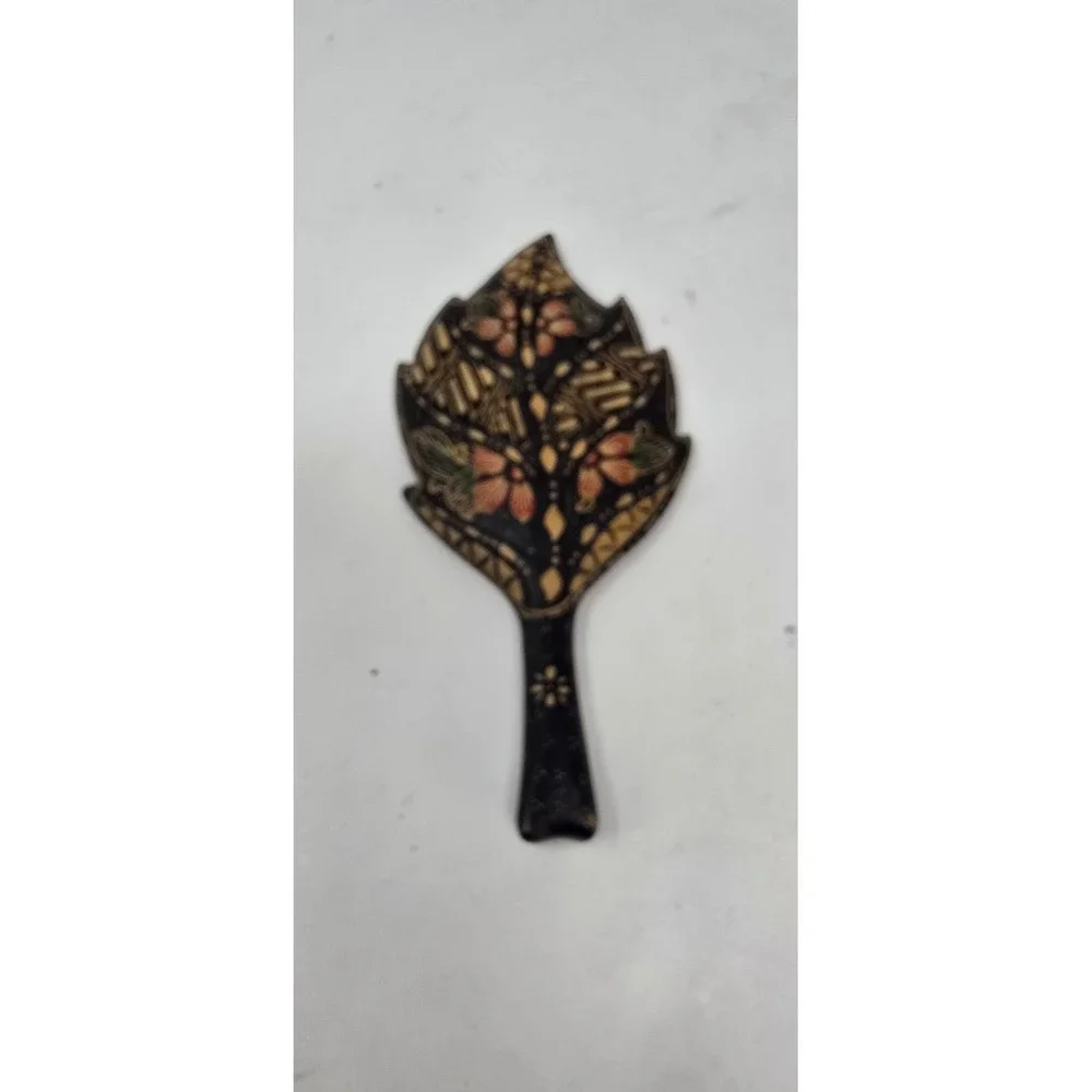 Vtg handheld mirror carved wood Asia Africa tribal earthy boho hippie folk art